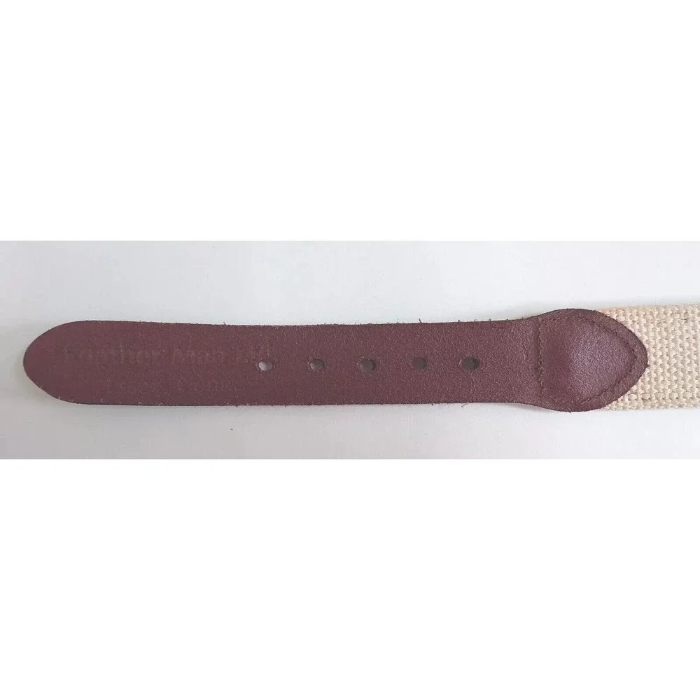 Leather Man LTD Essex CT Belt Men’s 30 Tan Canvas Navy Fish Brown Leather USA